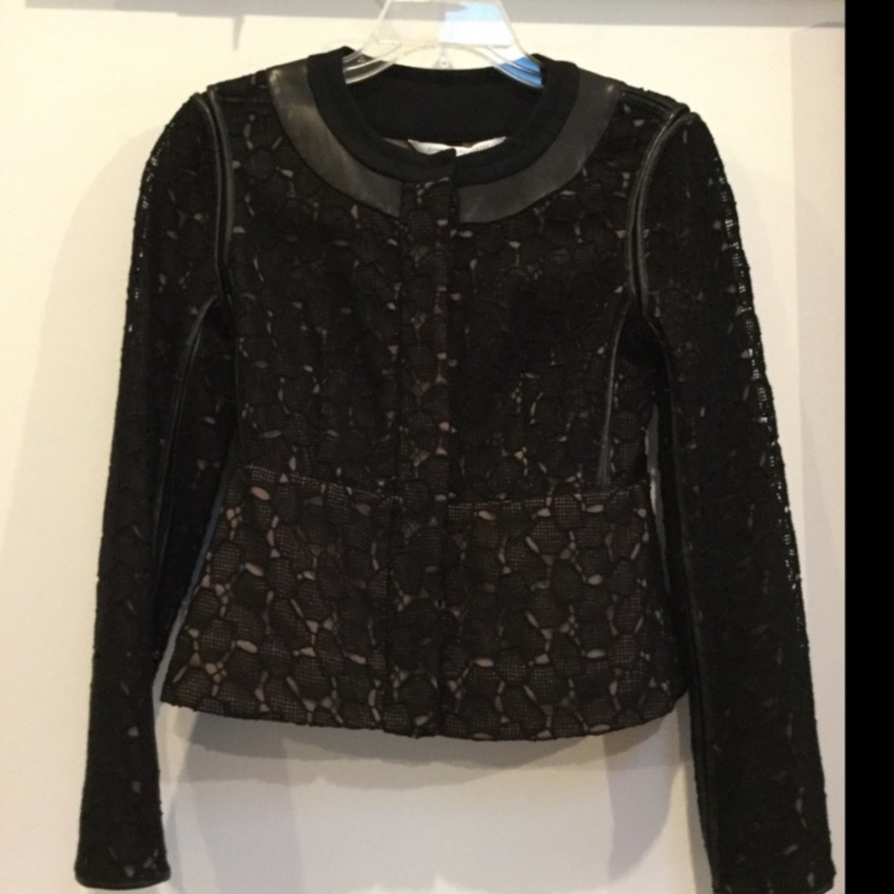 DvF Diane von Furstenburg black lace with leather trim over nude satin size 2 - Picture 4 of 6